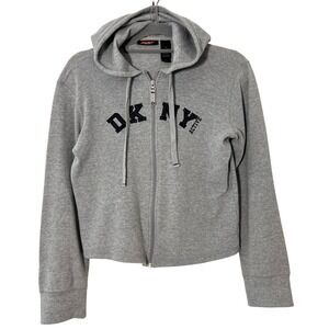 DKNY Hoodie Sweatshirt Womens M Grey Waffle Knit Full Zip Spell Out Logo Y2K